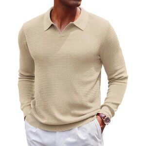Men's Knit Polo Sweater V-Neck Long Sleeve Dress Pullover Fall Sweater Khaki